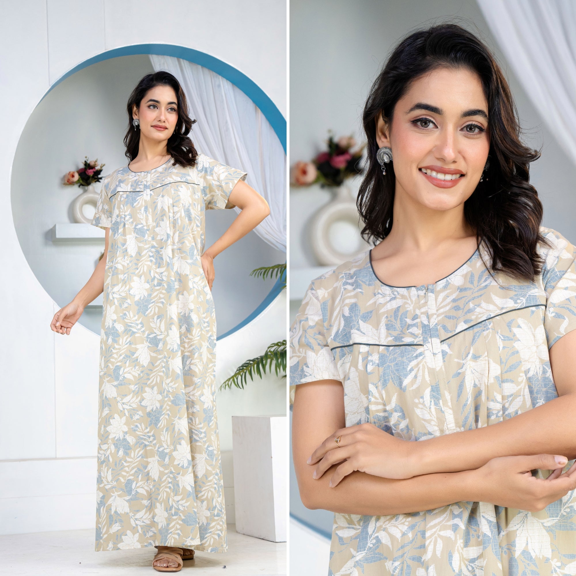 Jali Flower Grey Cotton Printed Nightwear Gowns