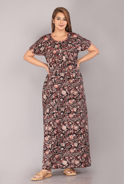 Berries Black Cotton Printed Nightwear Gowns