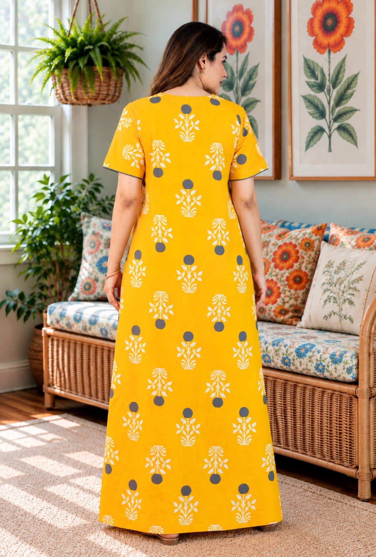 Imperial Bloom Yellow Printed Cotton Night Gown