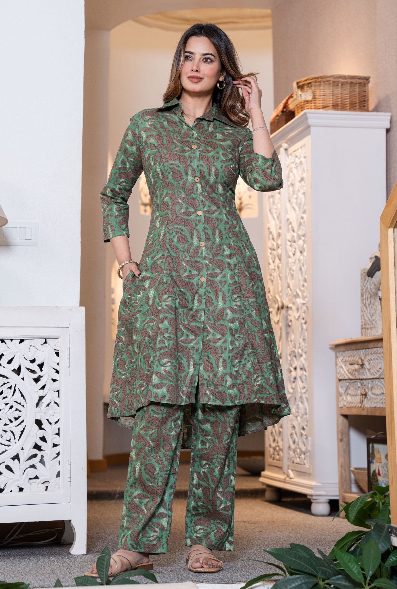 Rustic Petals Green Printed Cotton Co-ords Set