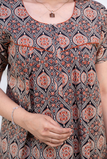 Ajrak Black Cotton Printed Nightwear Gowns