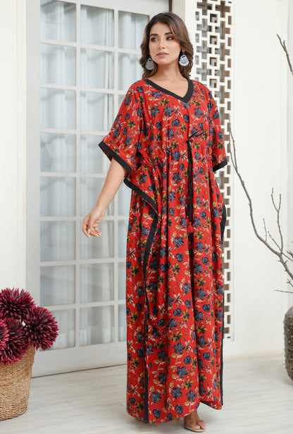 Vivid Blossom Red Printed Cotton Loungewear Kaftan