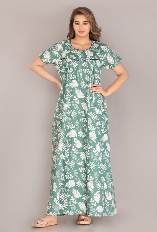 Pine Leaf Green Cotton Printed Nightwear Gowns