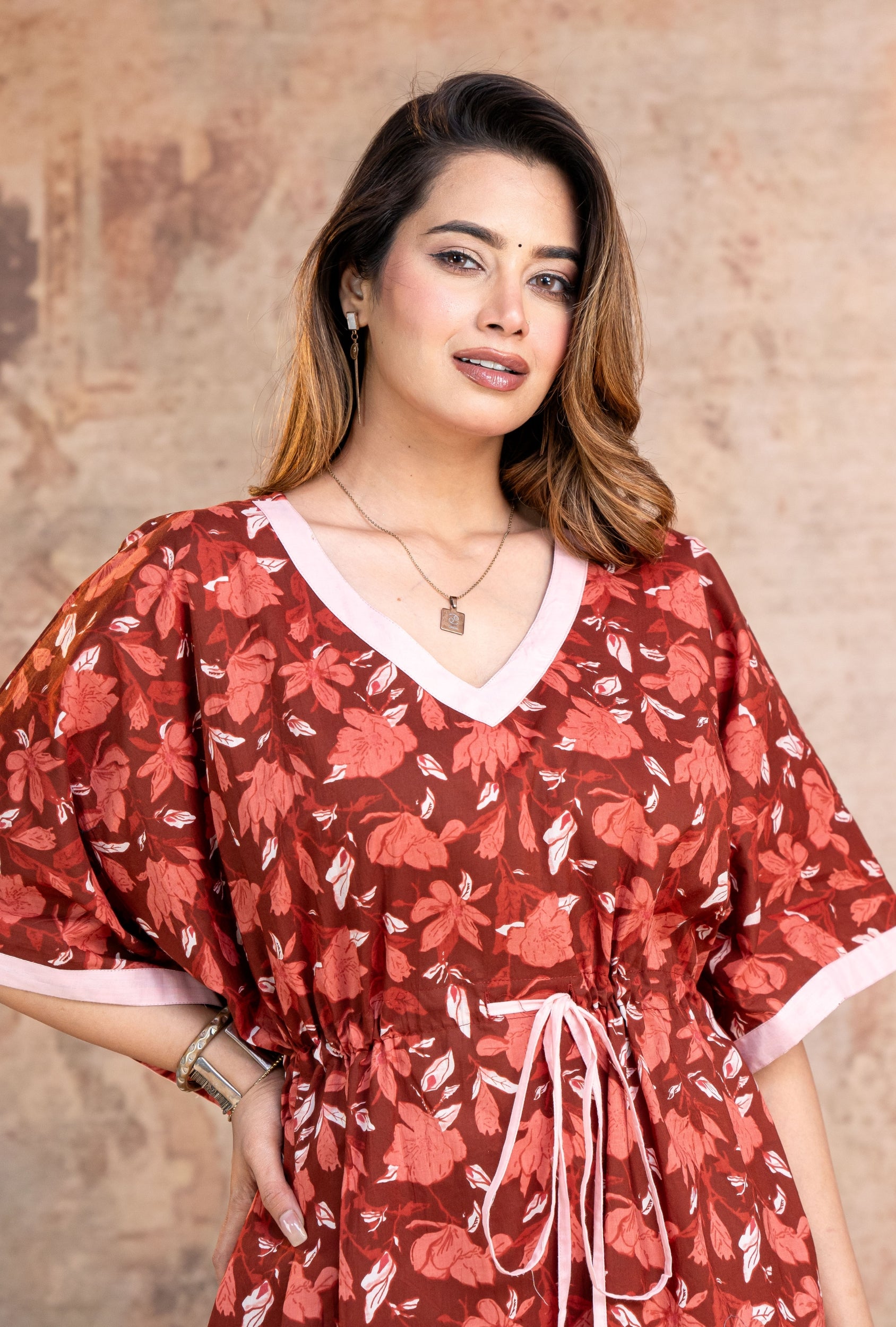 Lotus Leaves Maroon Loungewear Cotton Kaftan