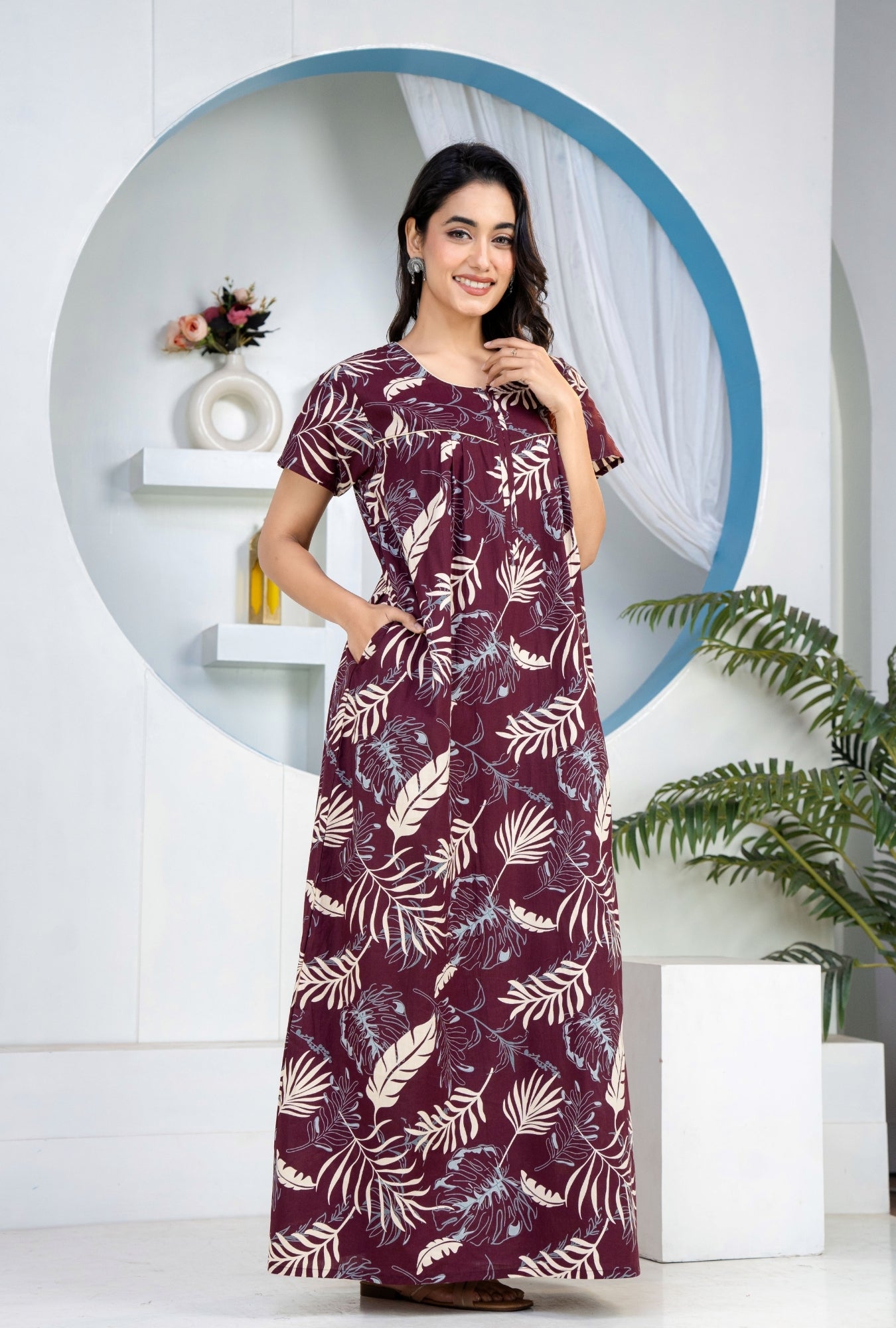 Plum Leaf Wine Cotton Printed Nightwear Gowns