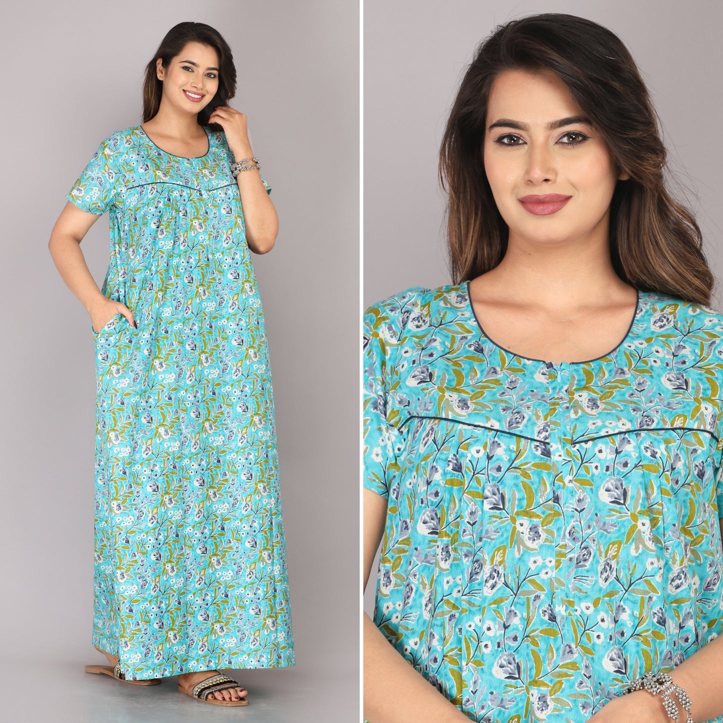 Petal Flora Sea Green Cotton Printed Nightwear Gowns