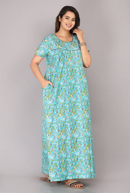 Petal Flora Sea Green Cotton Printed Nightwear Gowns