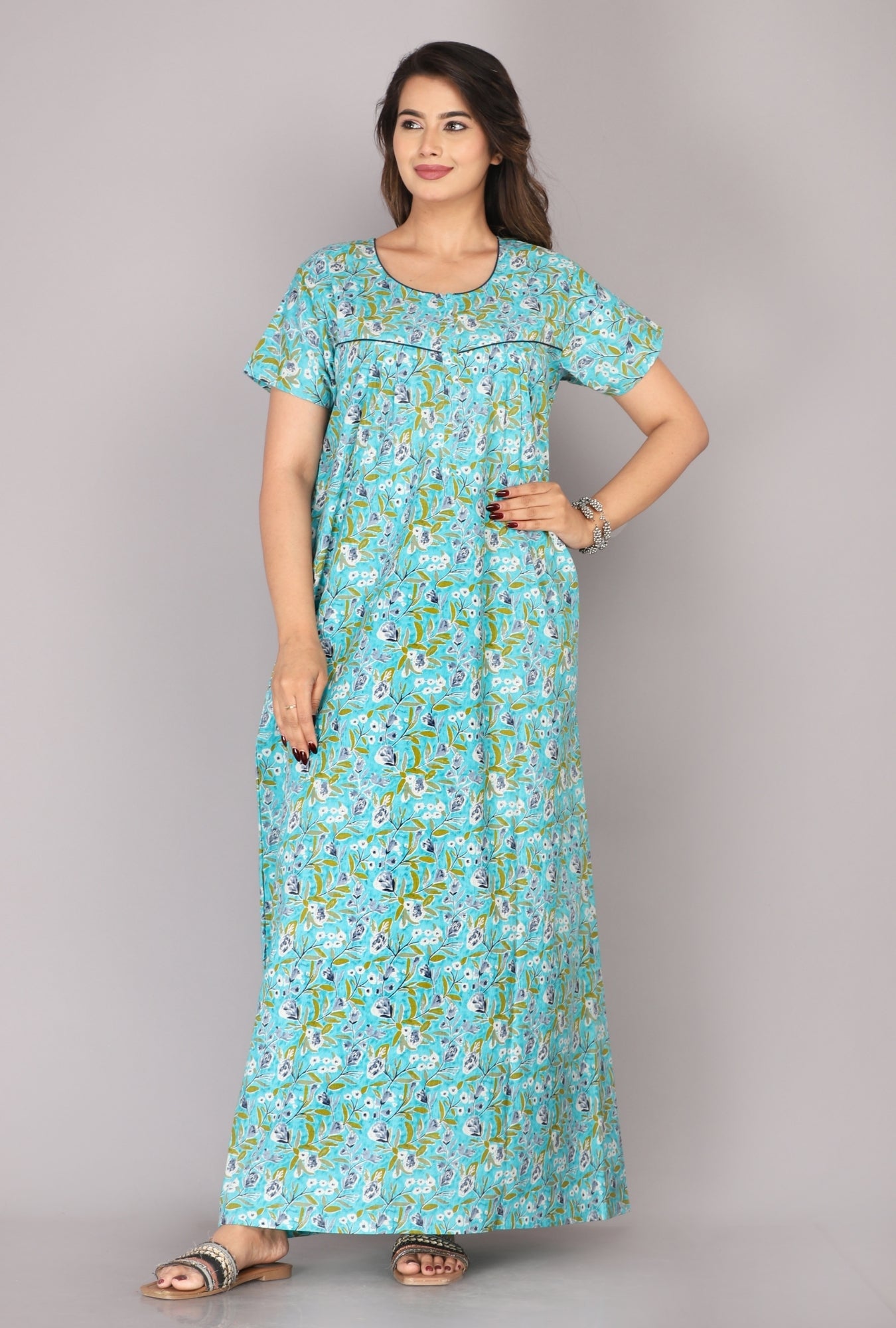 Petal Flora Sea Green Cotton Printed Nightwear Gowns