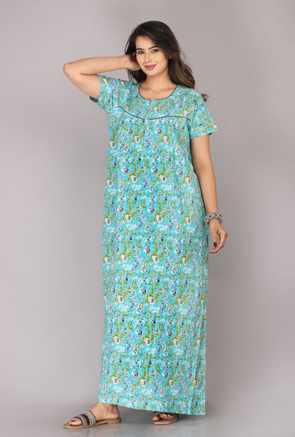 Petal Flora Sea Green Cotton Printed Nightwear Gowns