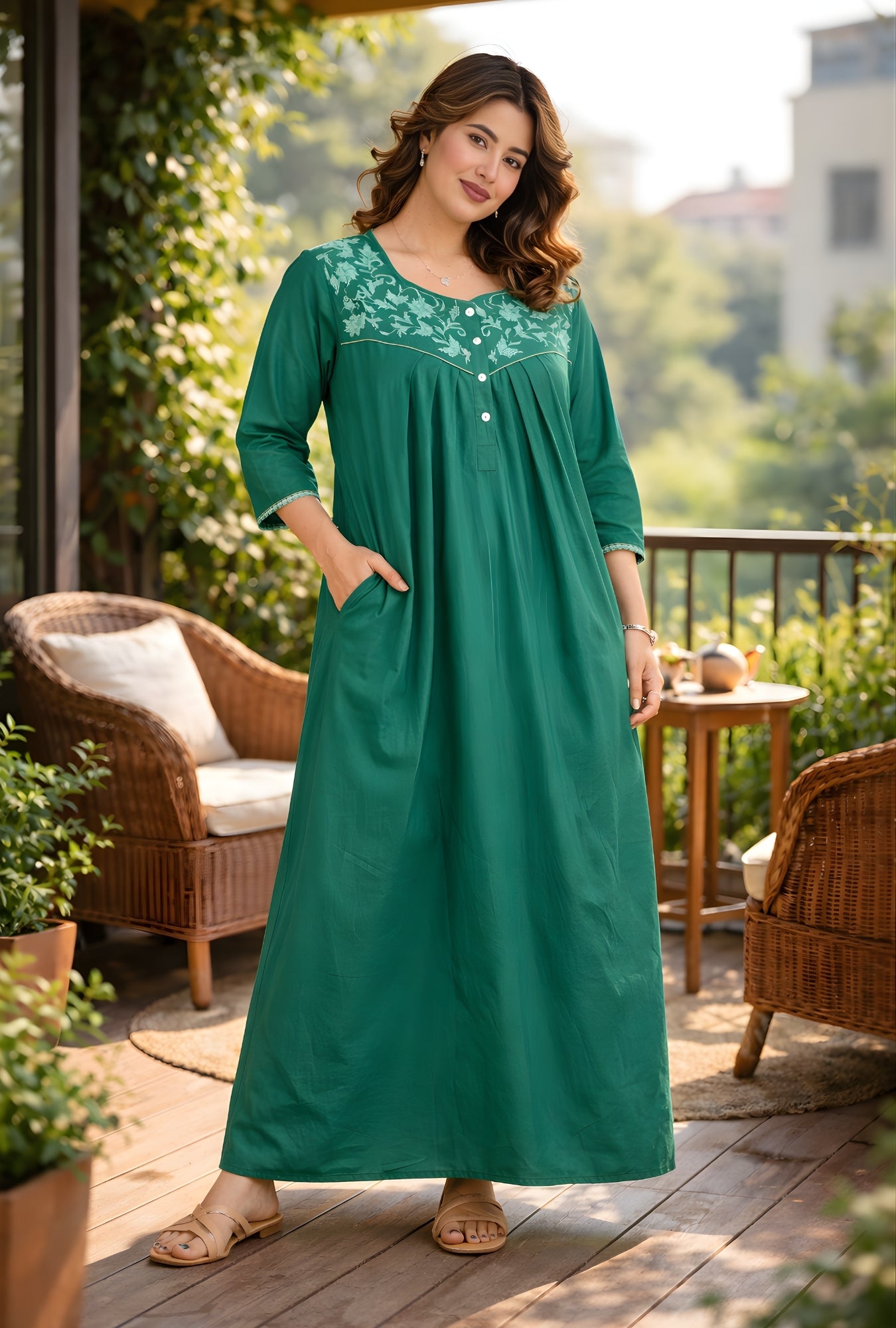 Emerald Green Floral Yoke Solid Cotton Night Gown