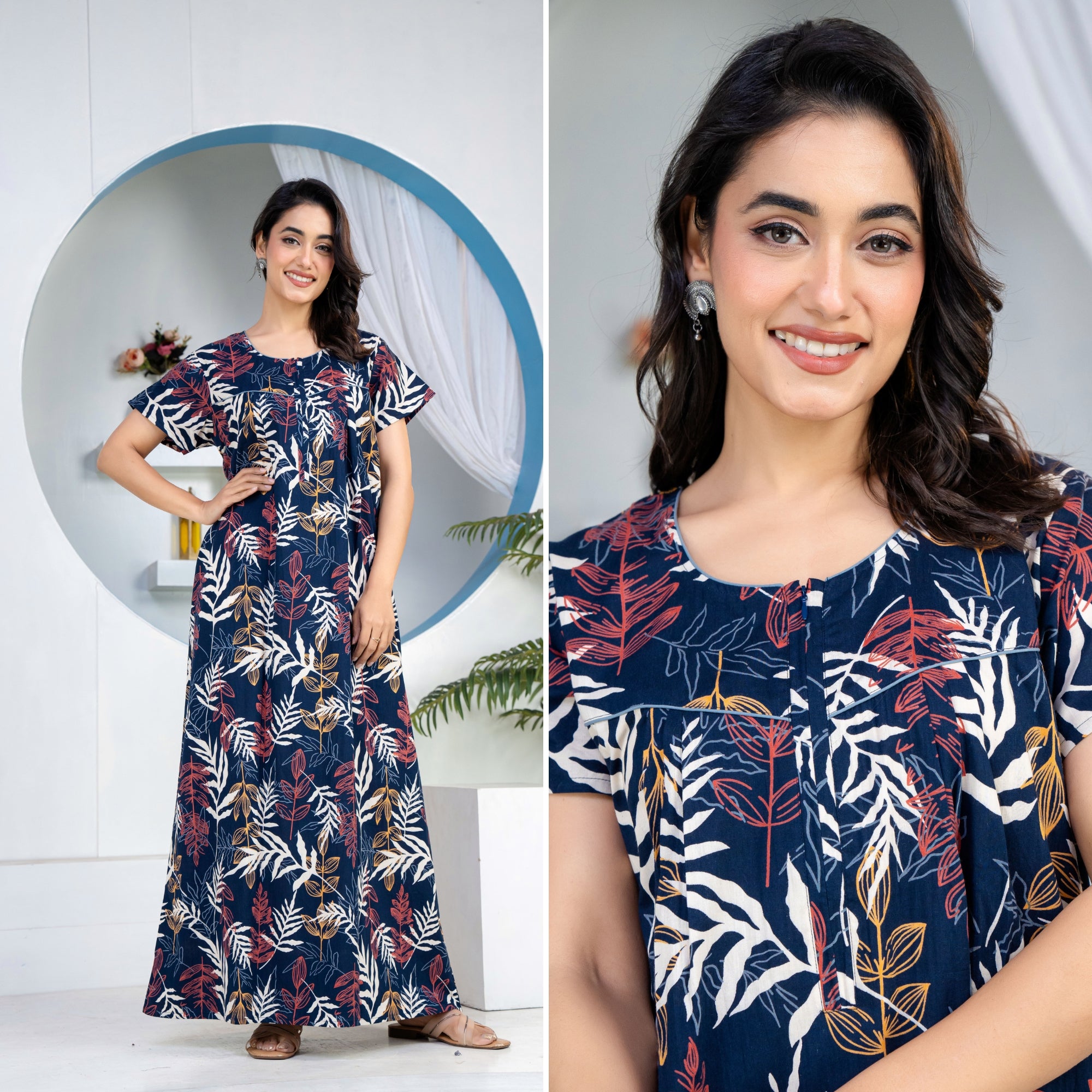 Patravali Navy Blue Cotton Printed Nightwear Gowns