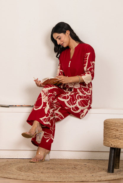 Royal Rhythm Red Printed Cotton Co-ords Set