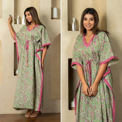 Garden Glow Mehndi Cotton Loungewear Kaftan