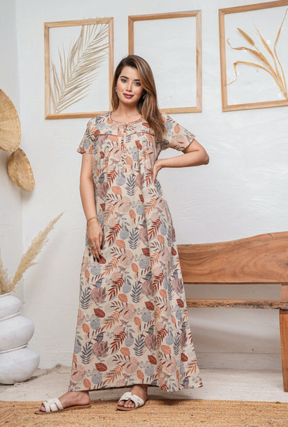 Lining Leaves Grey Cotton Printed Nightwear Gowns