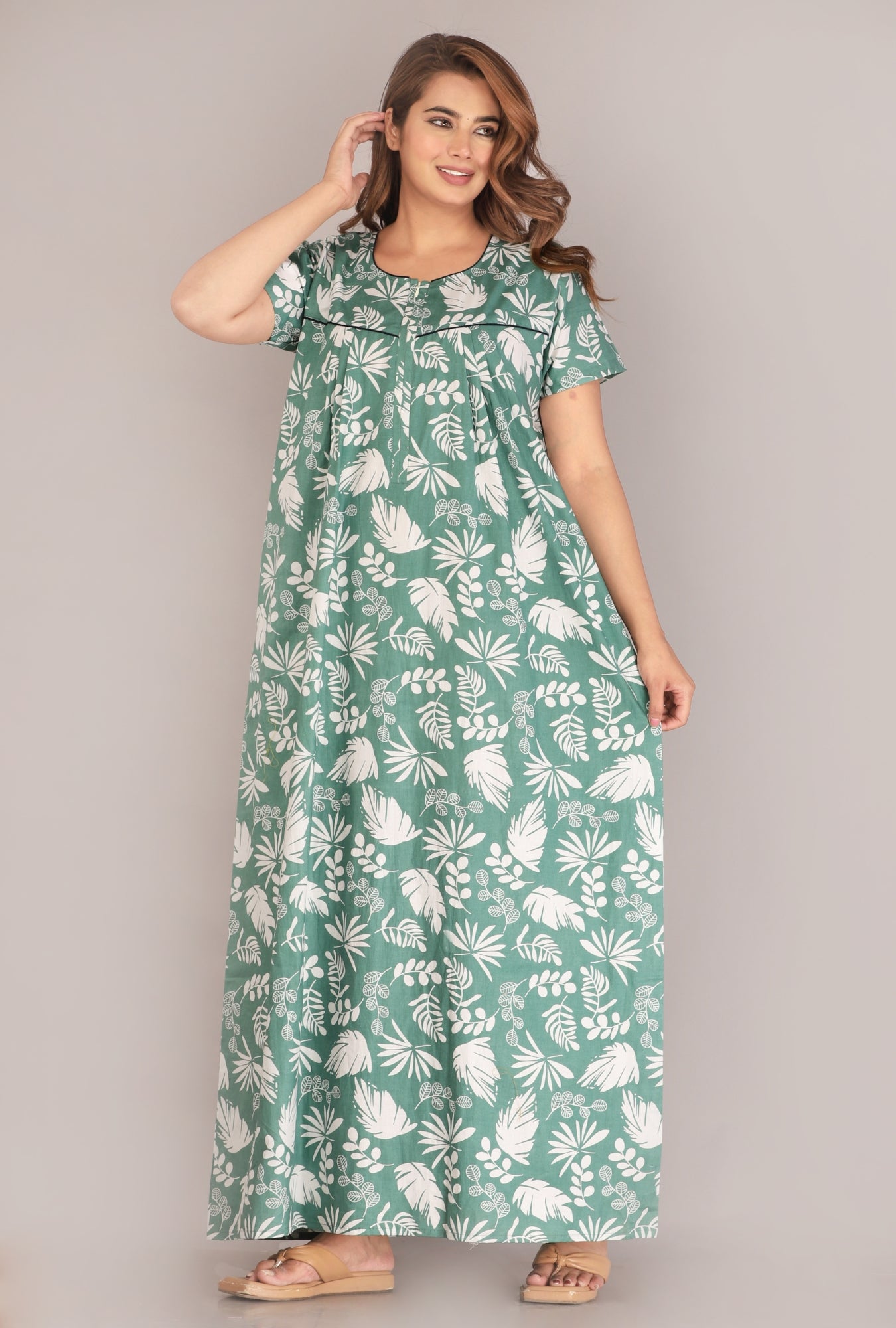 Pine Leaf Green Cotton Printed Nightwear Gowns