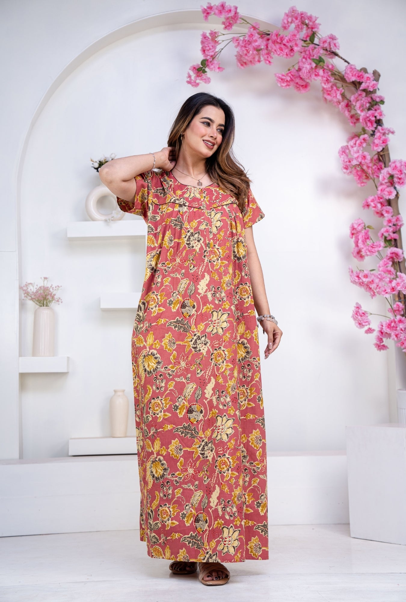 Floral Heritage Rust Cotton Printed Nightwear Gowns