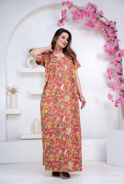 Floral Heritage Rust Cotton Printed Nightwear Gowns