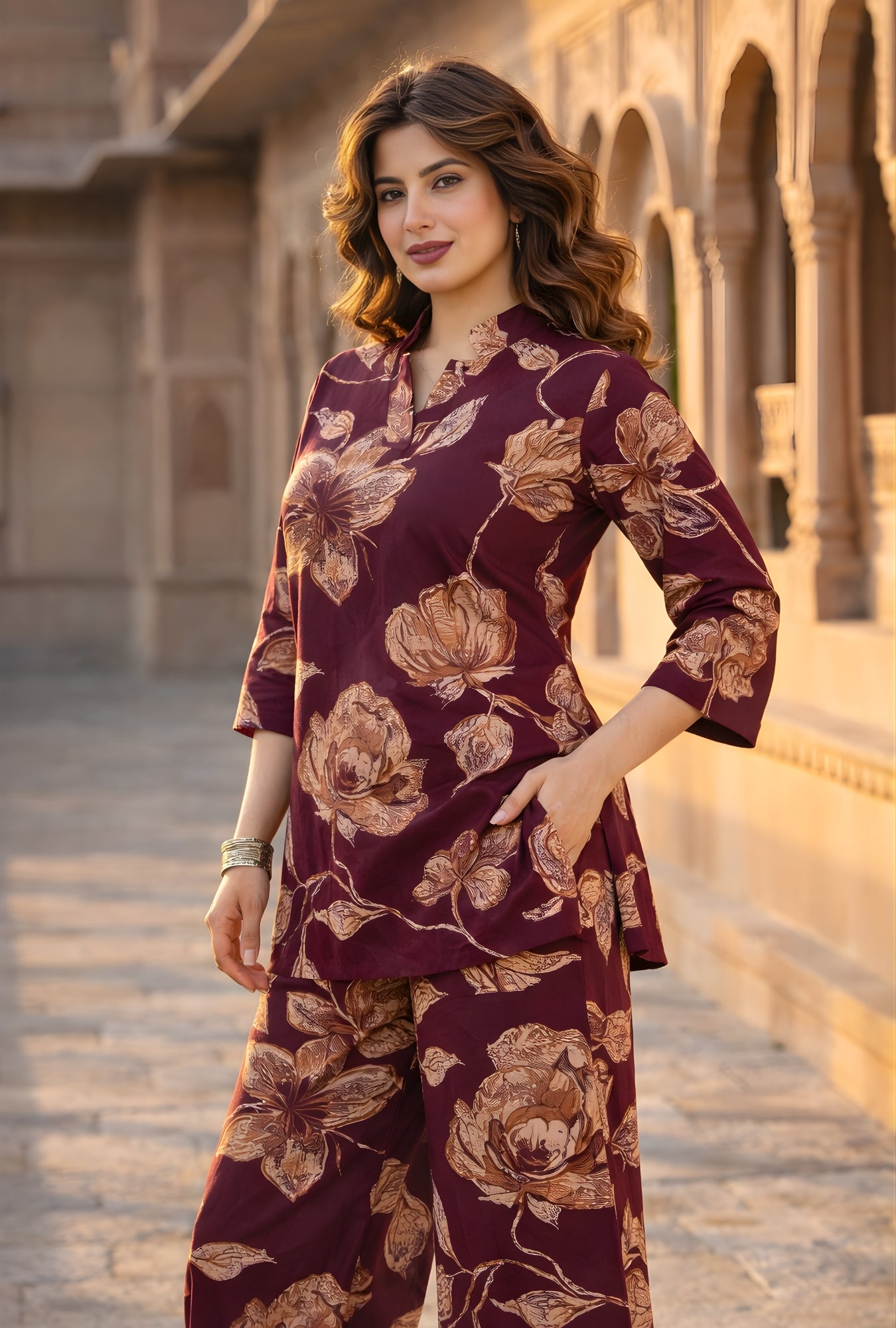 Botanic Muse Maroon Printed Cotton Co-ords Set