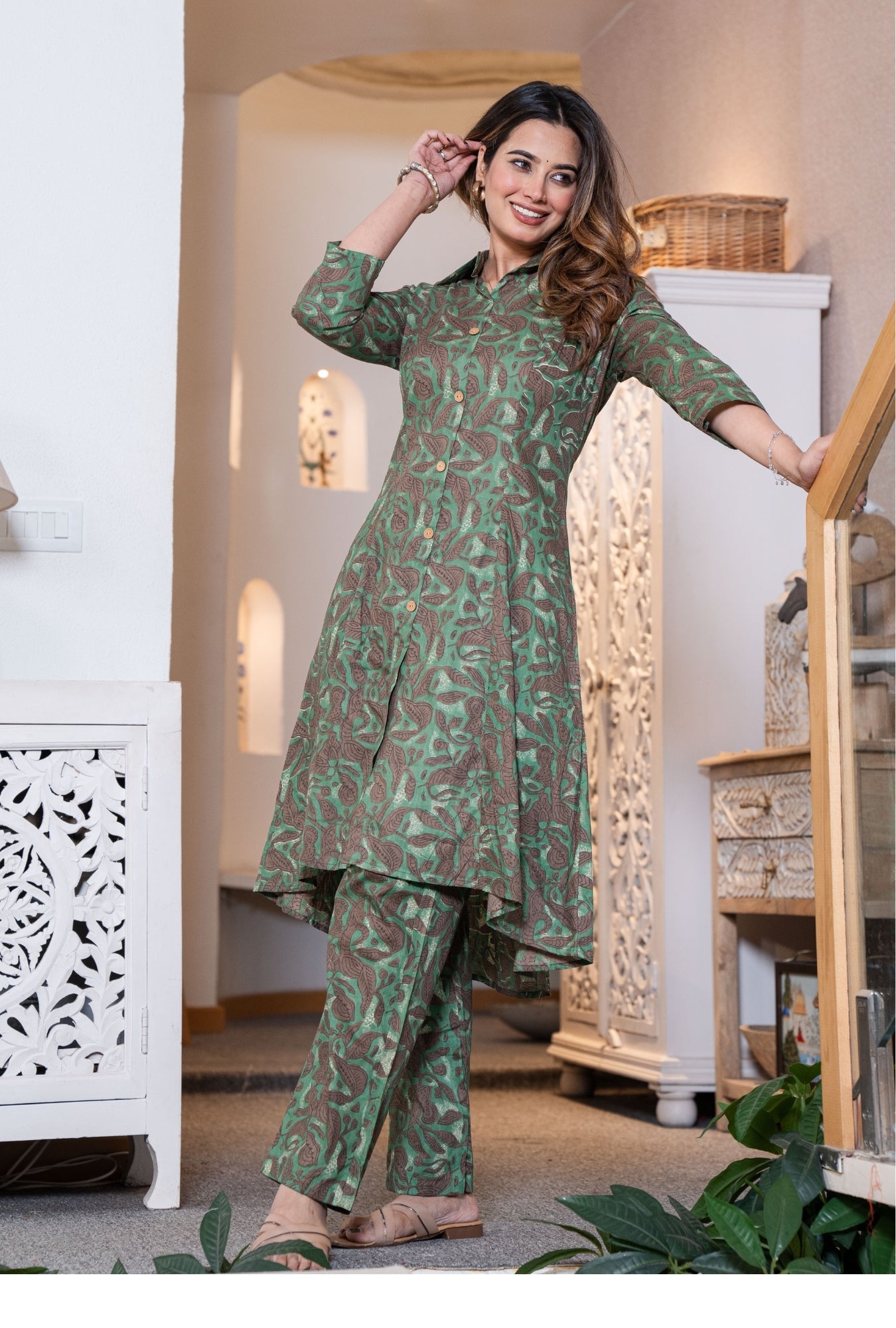 Rustic Petals Green Printed Cotton Co-ords Set