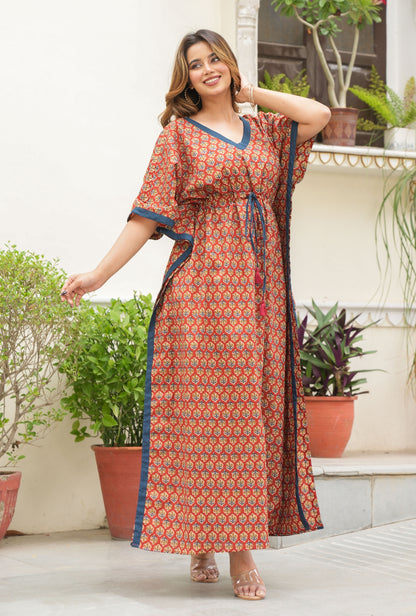 Rangrez Buti Red Loungewear Cotton Kaftan