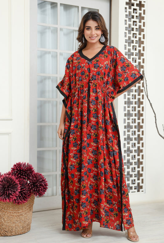 Vivid Blossom Red Printed Cotton Loungewear Kaftan