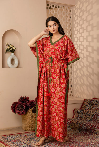 Neo Ethnic Red Printed Cotton Loungewear Kaftan