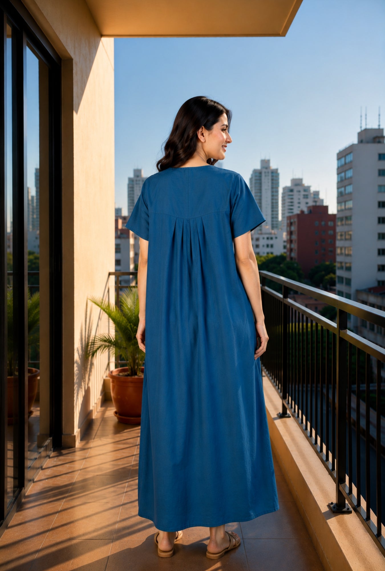 Crimson Bloom Teal Embroidery Yoke Cotton Night Gown