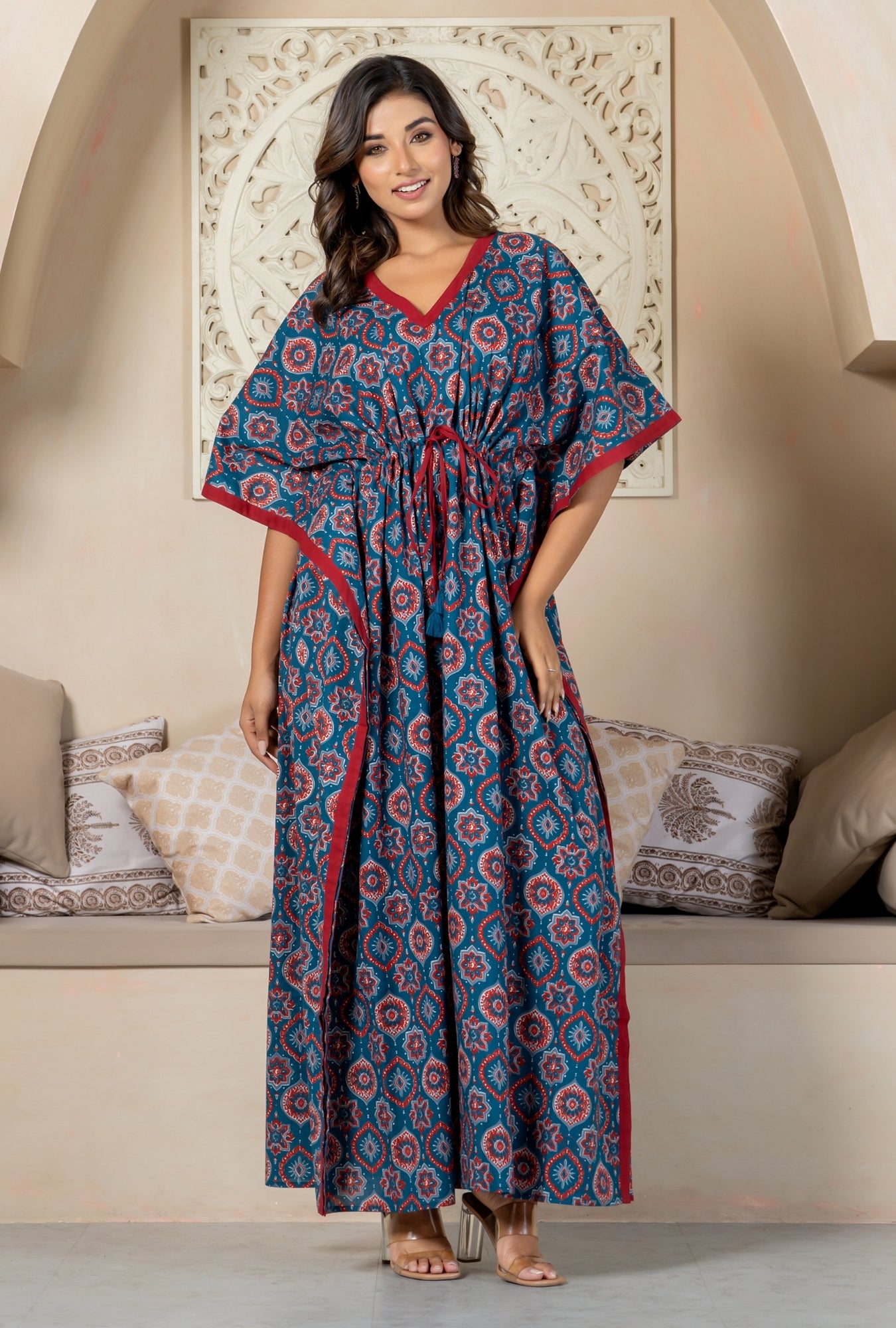 Maharani Motif Blue Cotton Loungewear Kaftan