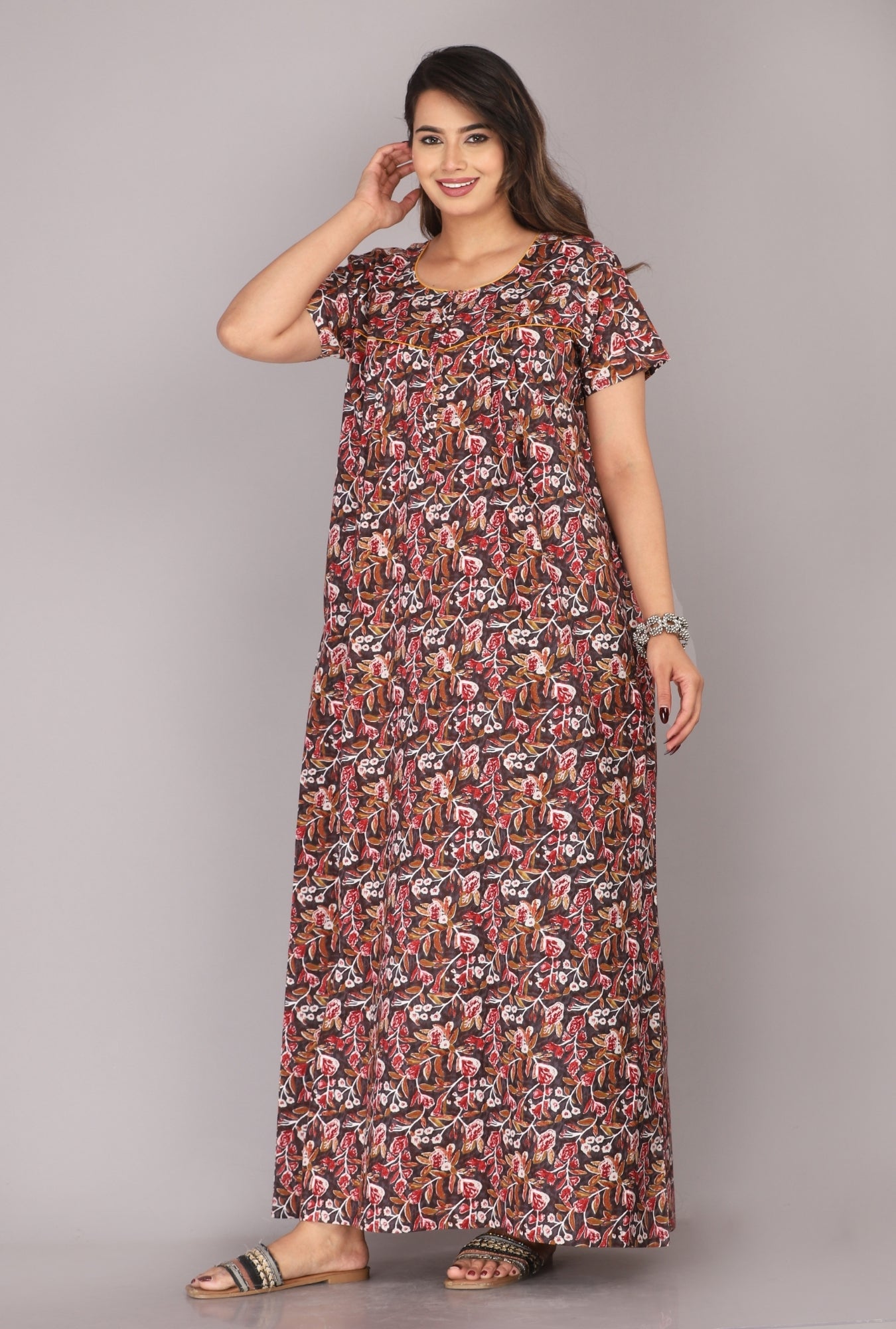 Petal Flora Brown Cotton Printed Nightwear Gowns