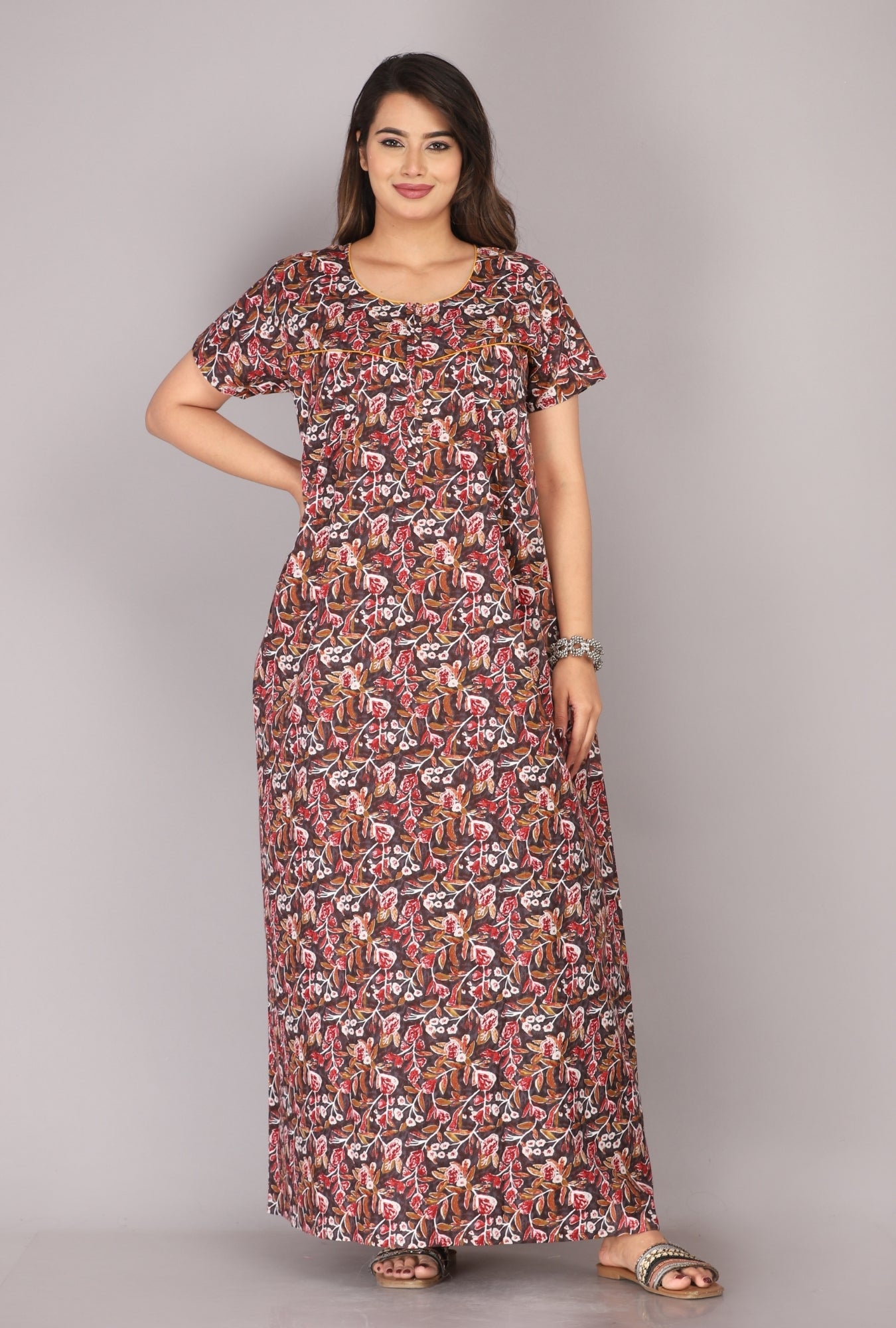 Petal Flora Brown Cotton Printed Nightwear Gowns