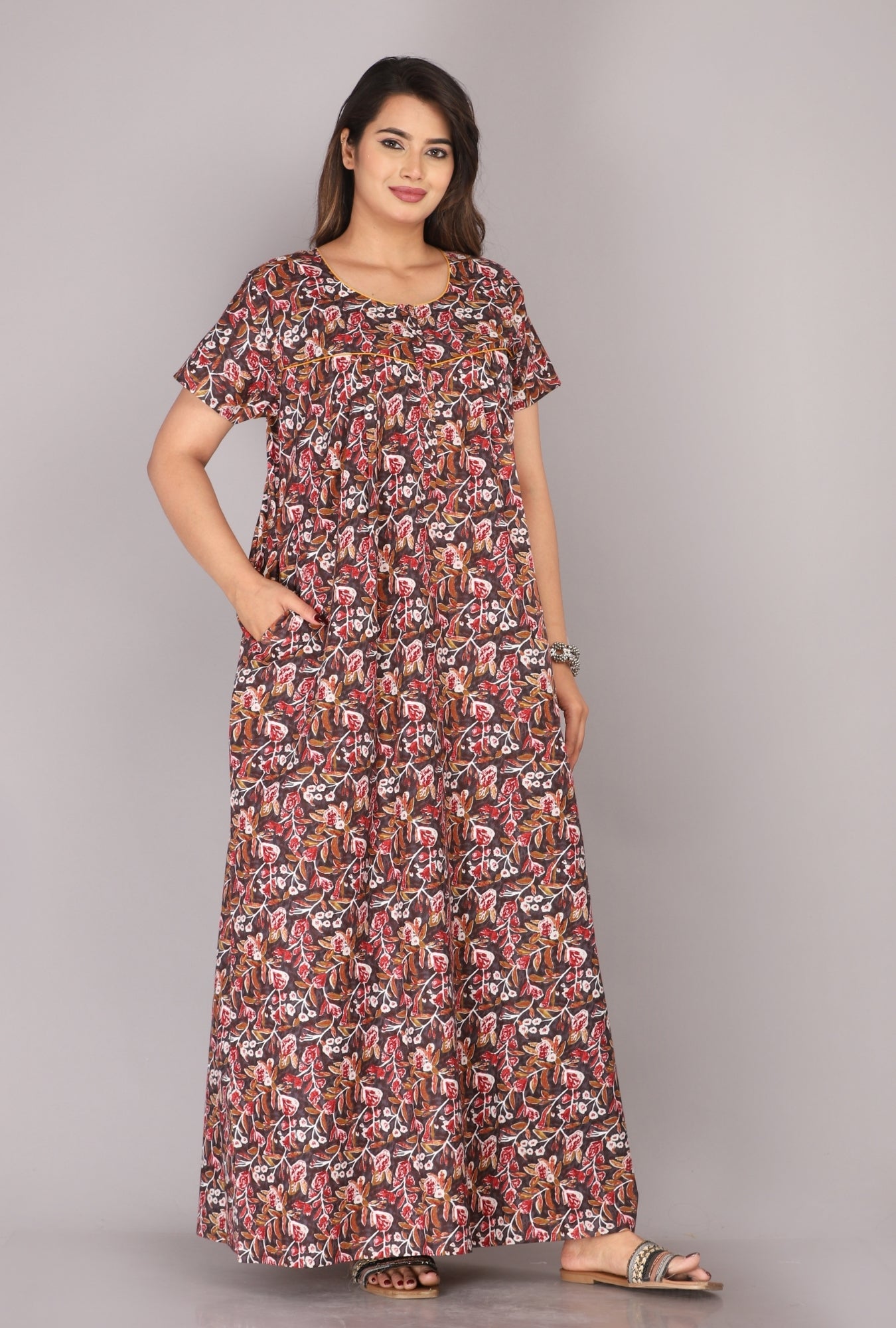 Petal Flora Brown Cotton Printed Nightwear Gowns