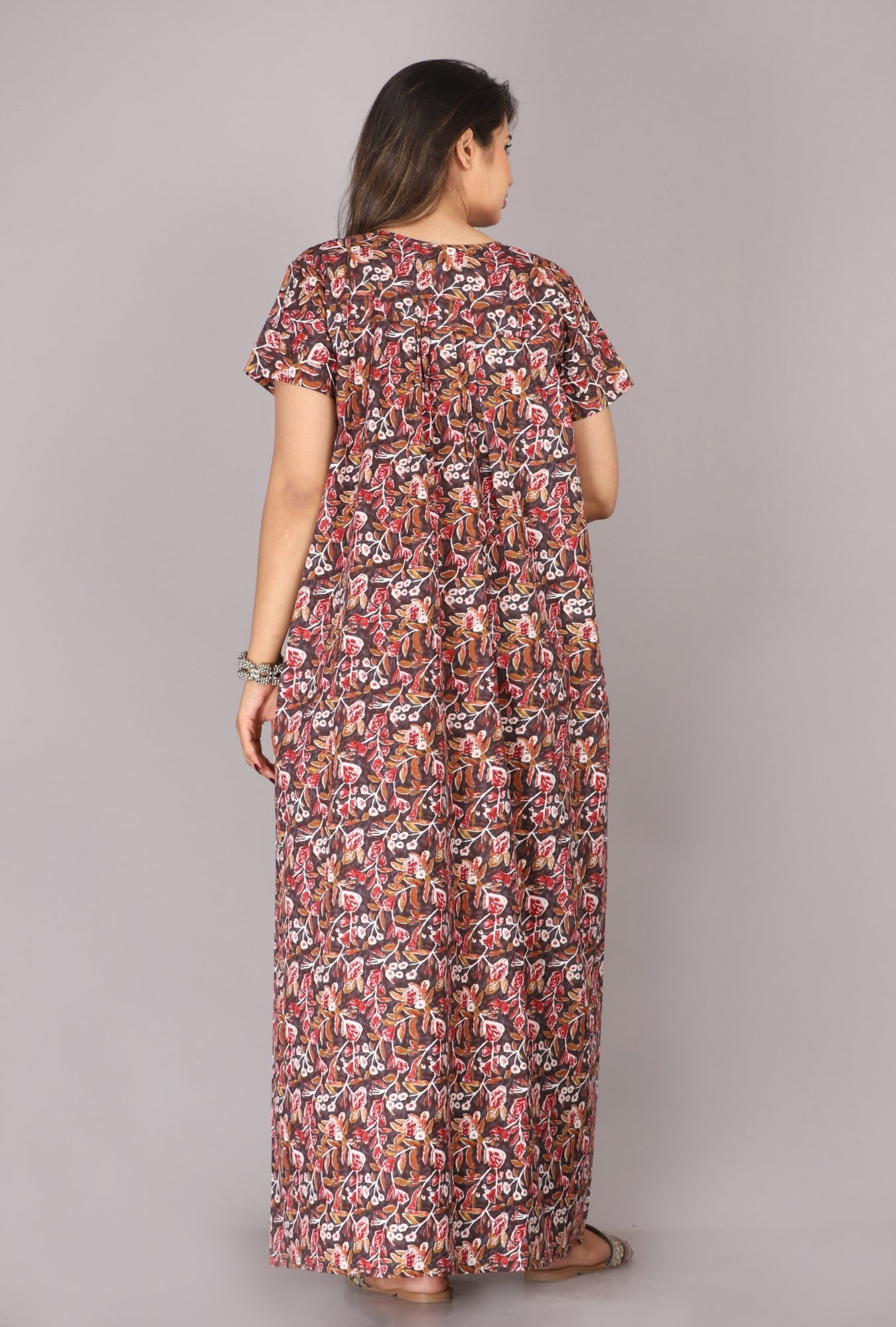 Petal Flora Brown Cotton Printed Nightwear Gowns