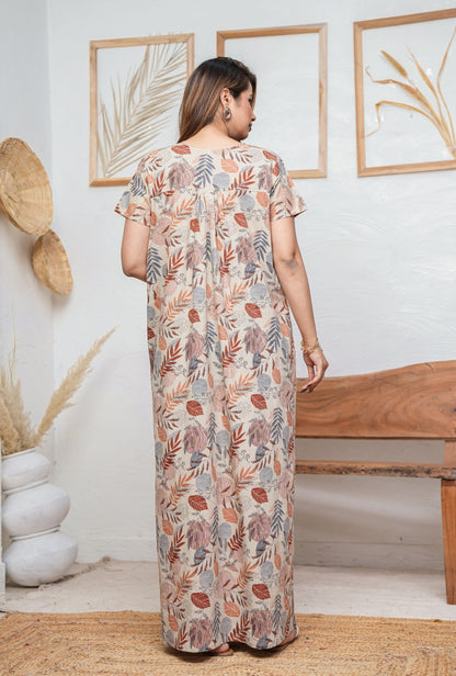 Lining Leaves Grey Cotton Printed Nightwear Gowns