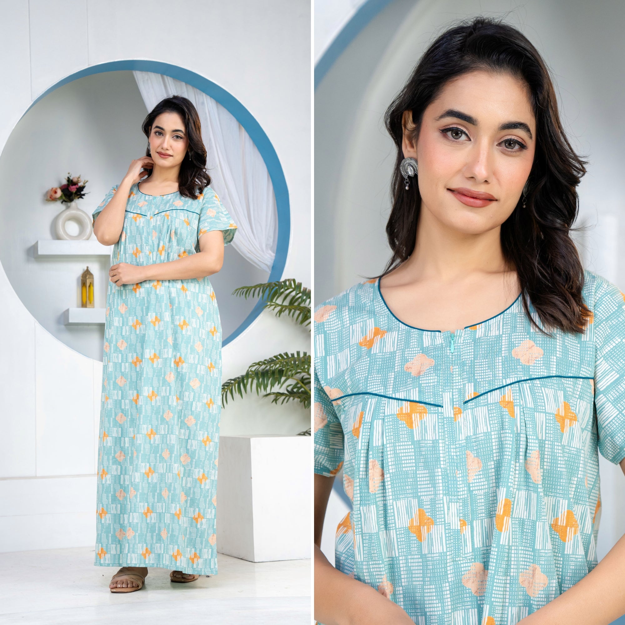 Grid Buta Sea Green Cotton Printed Nightwear Gowns