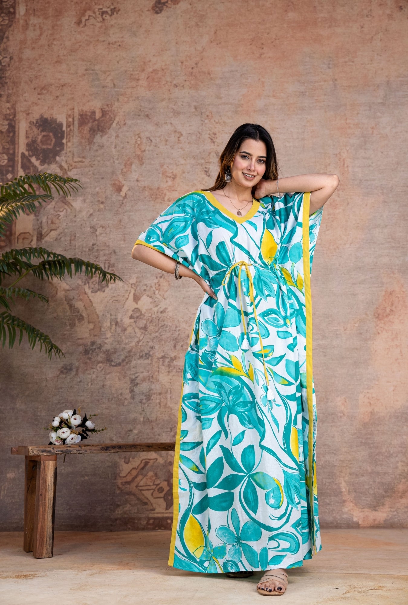 Regalia Green Yellow Loungewear Cotton Kaftan