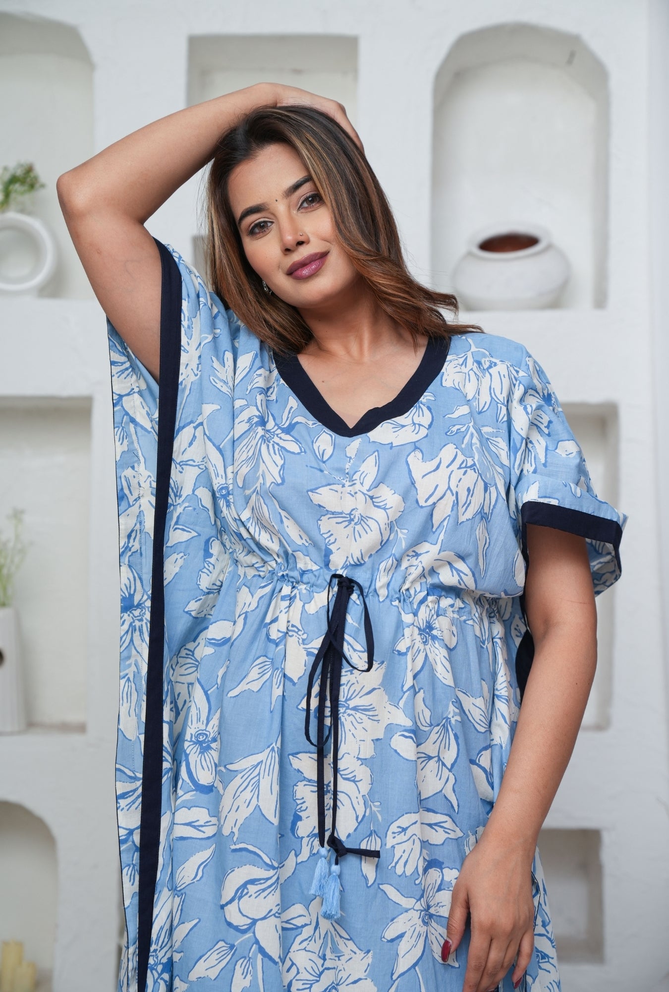 Pastel Flower Sky Blue Loungewear Cotton Kaftan