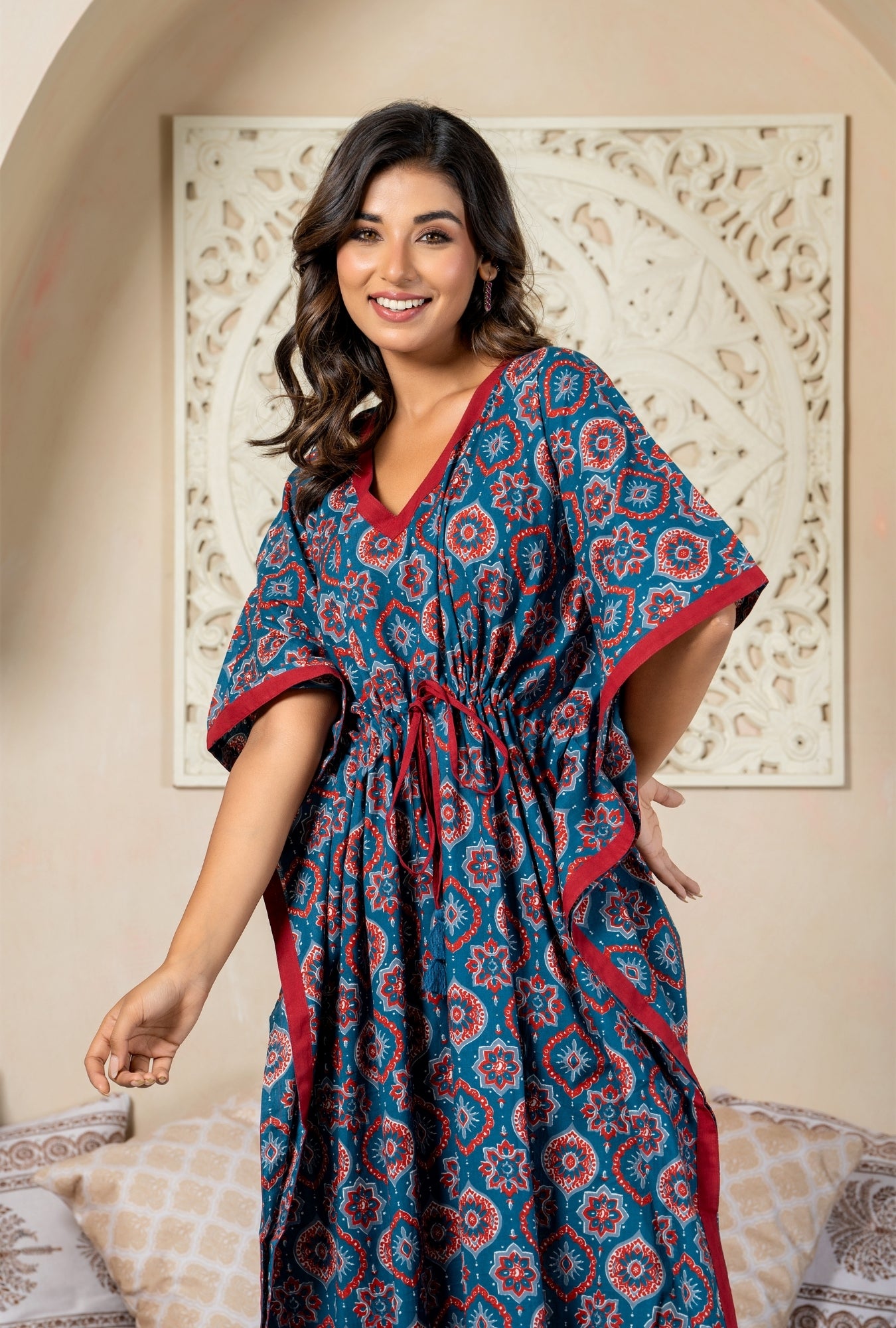 Maharani Motif Blue Cotton Loungewear Kaftan