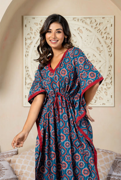 Maharani Motif Blue Cotton Loungewear Kaftan