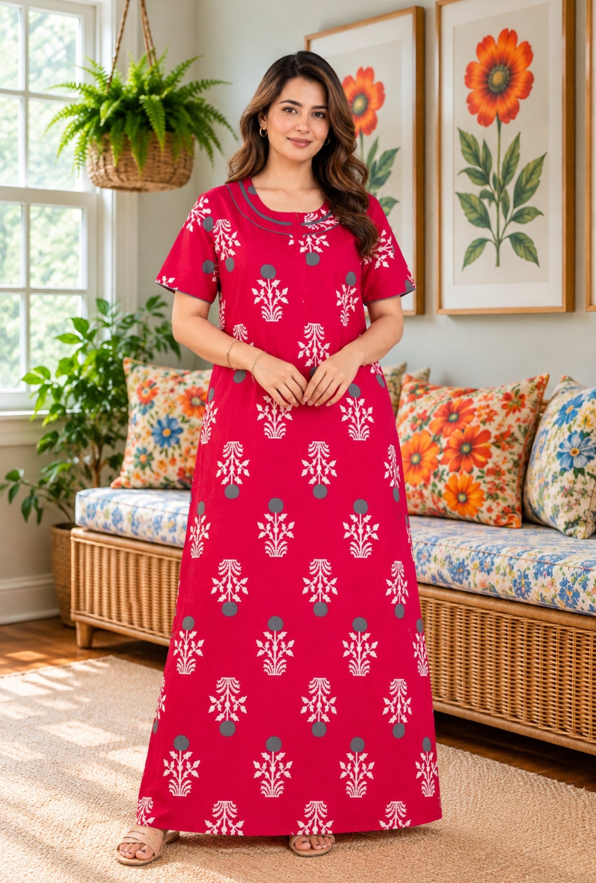 Imperial Bloom Royal Pink Printed Cotton Night Gown