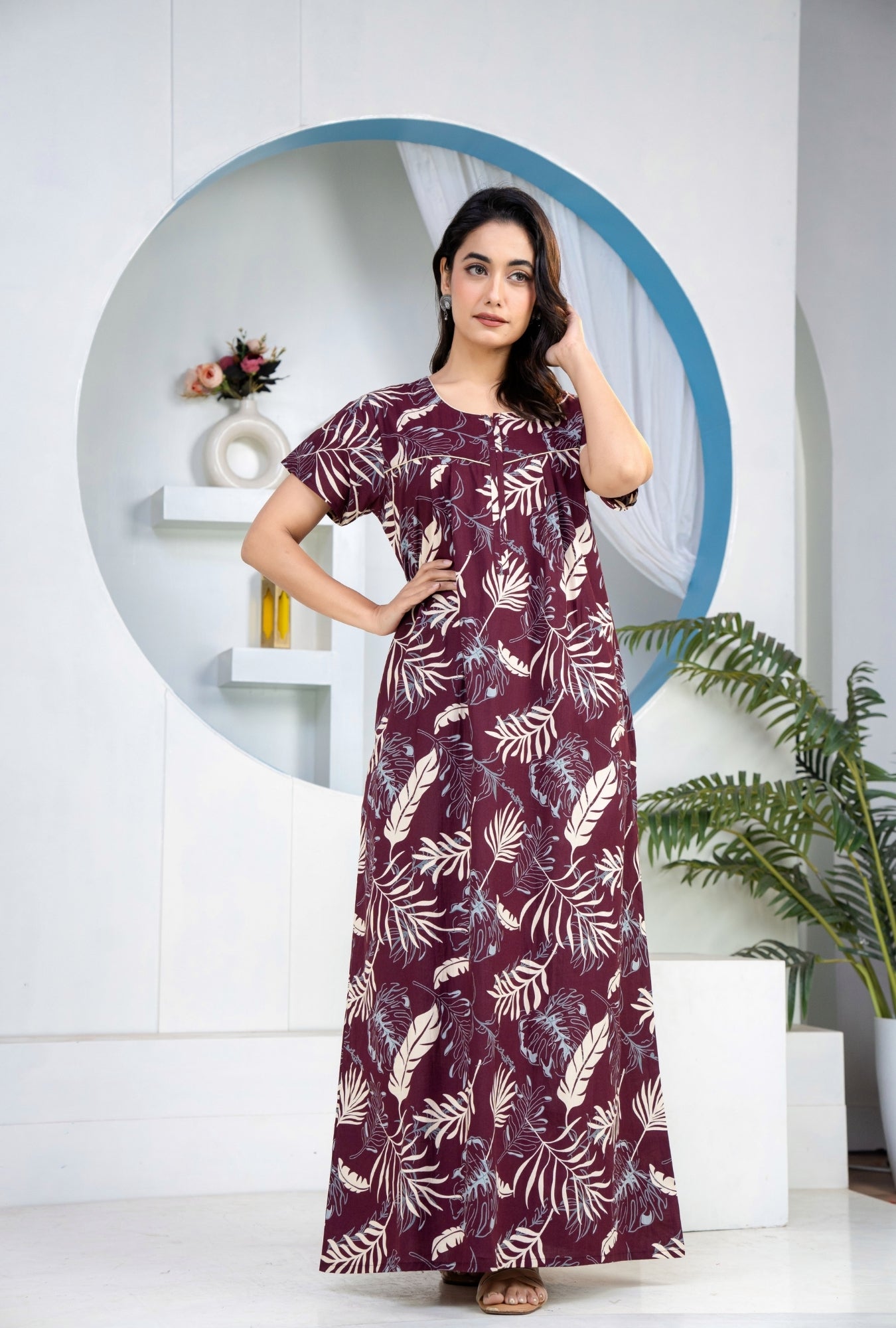 Plum Leaf Wine Cotton Printed Nightwear Gowns