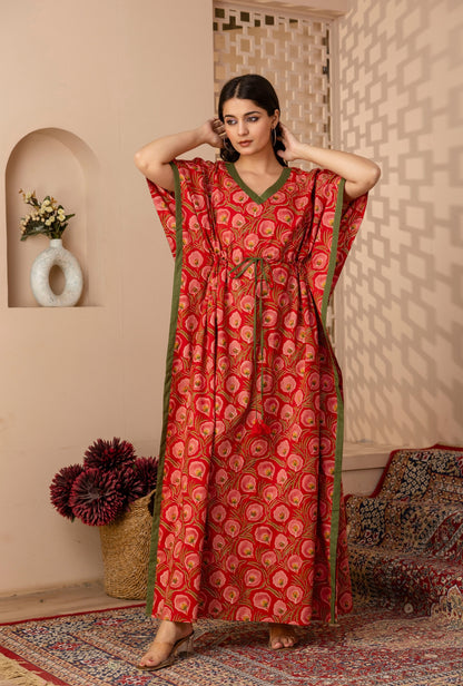 Neo Ethnic Red Printed Cotton Loungewear Kaftan