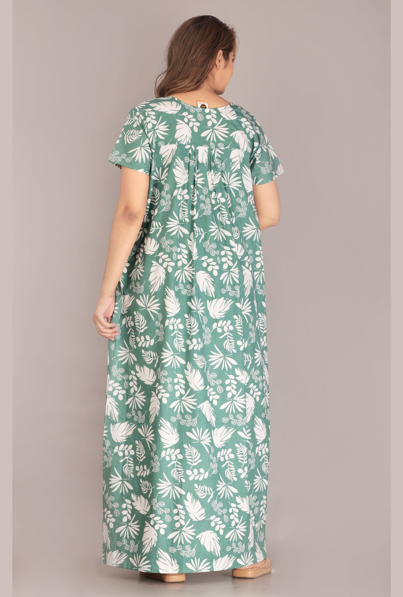 Pine Leaf Green Cotton Printed Nightwear Gowns