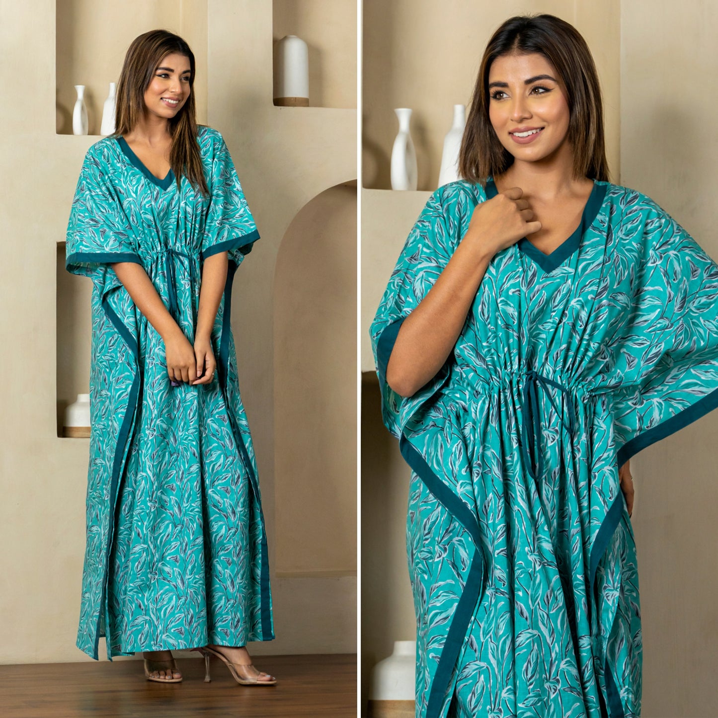 Garden Glow Turqoise Cotton Loungewear Kaftan