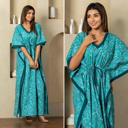 Garden Glow Turqoise Cotton Loungewear Kaftan