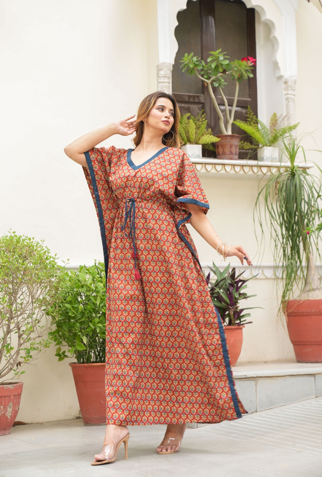 Rangrez Buti Red Loungewear Cotton Kaftan