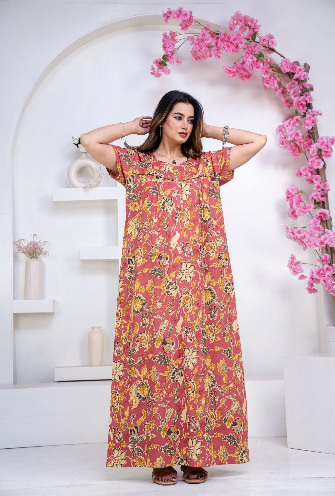 Floral Heritage Rust Cotton Printed Nightwear Gowns