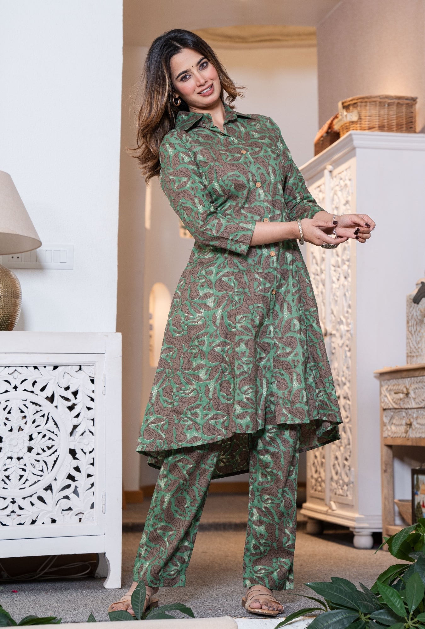 Rustic Petals Green Printed Cotton Co-ords Set