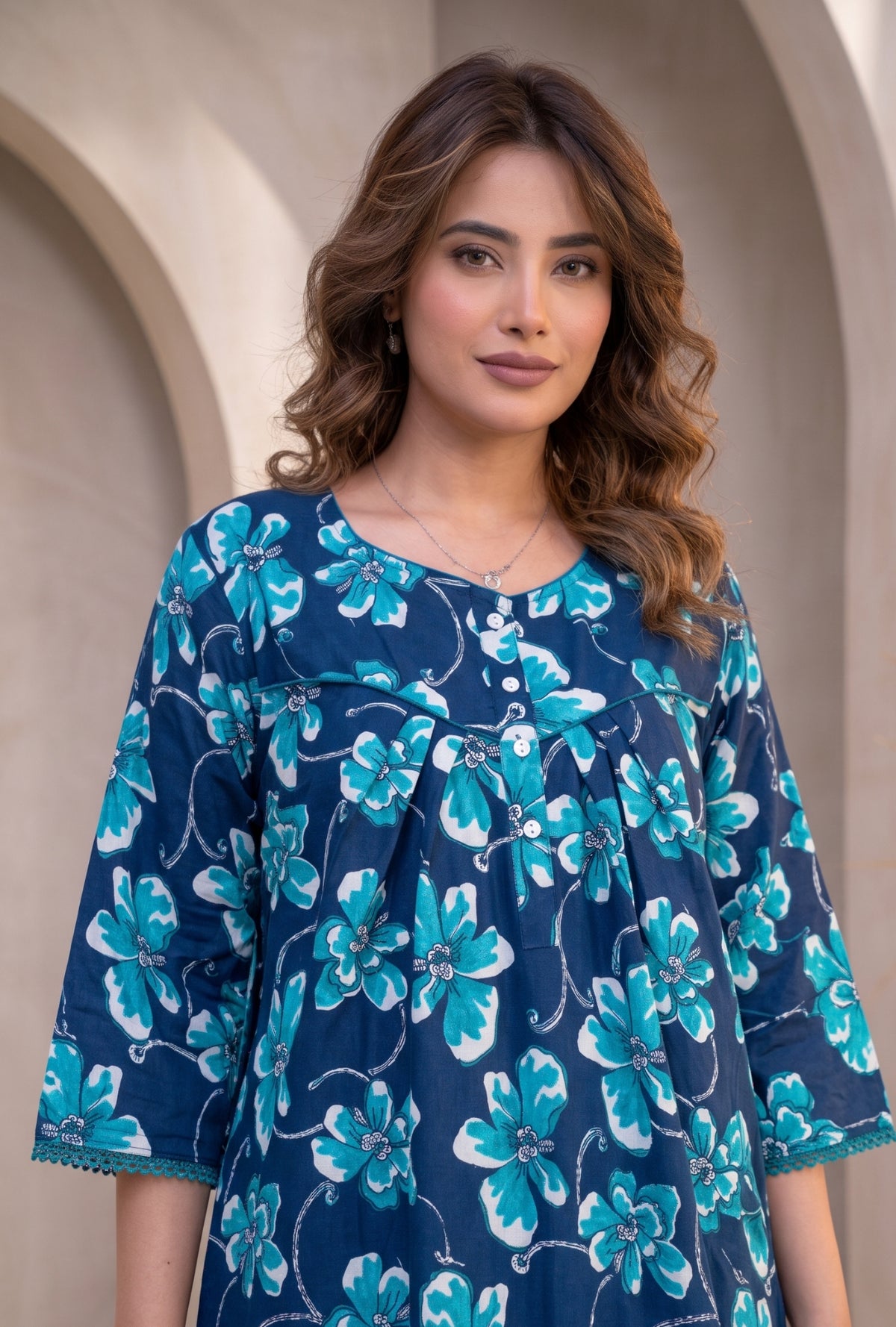 Ocean Bloom Blue Floral Cotton Night Gown