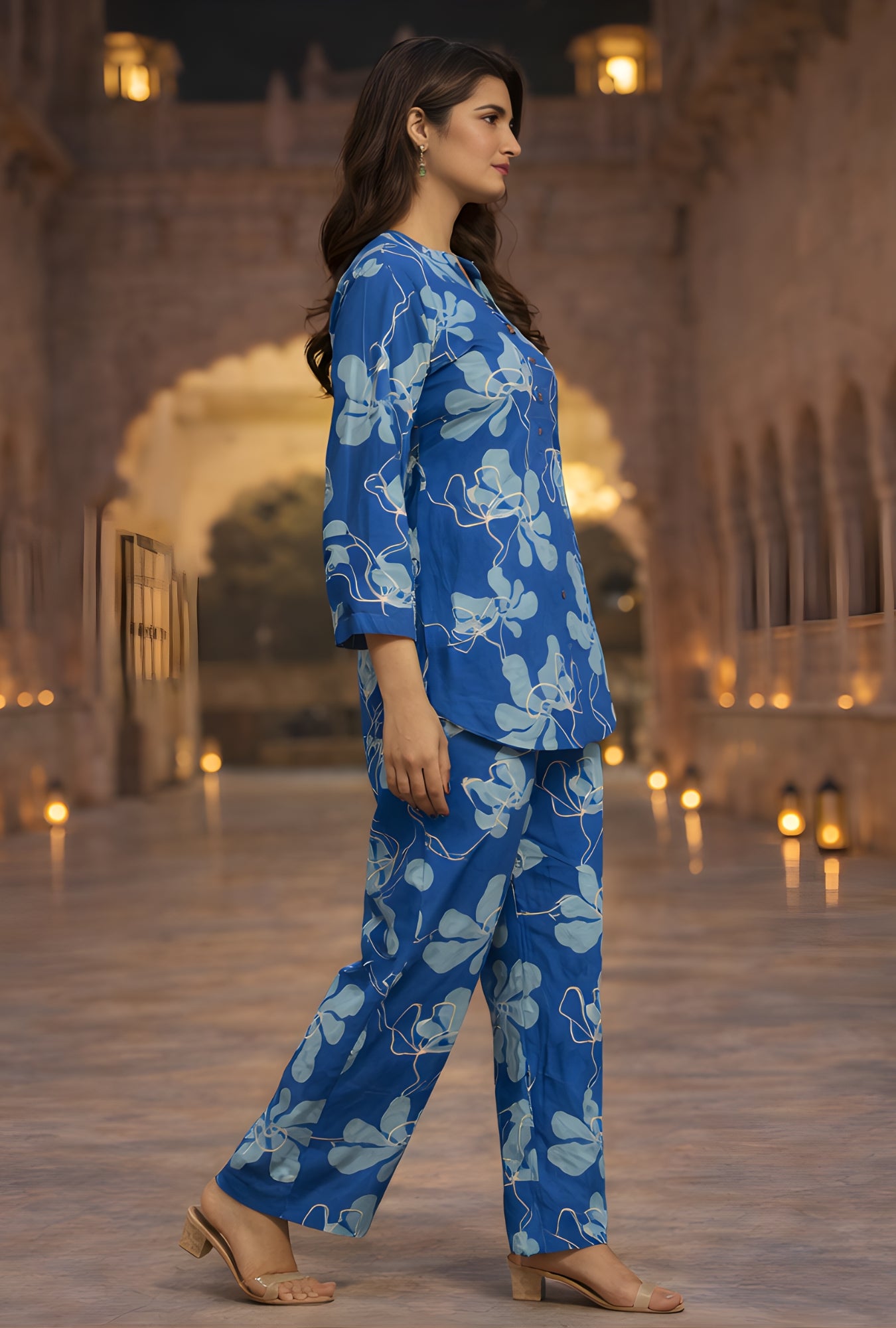 GeoLuxe Sky Blue Printed Cotton Co-ords Set