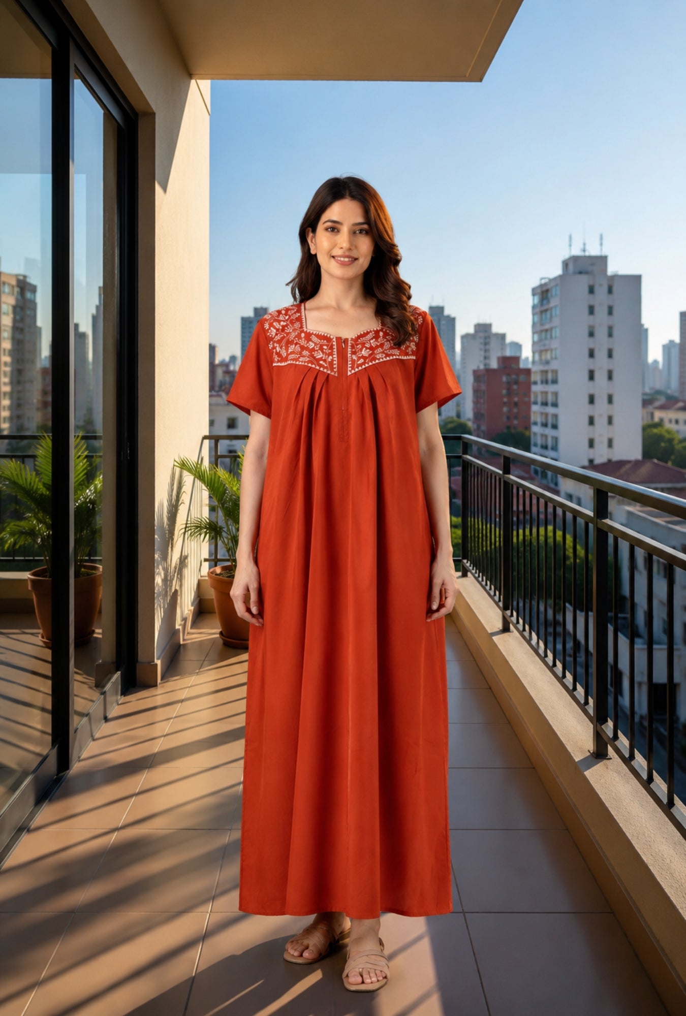 Crimson Bloom Rust Embroidery Yoke Cotton Night Gown